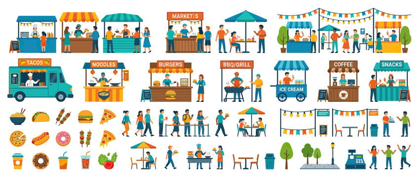 Diverse Food Stalls and Market Scenes with People