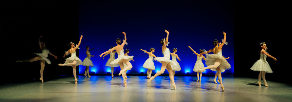 Female ballet dancers perform a classical ballet on stage