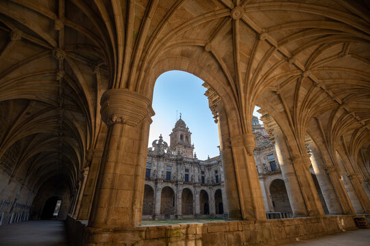 A beautiful Baroque cloister at the Monastery of San Salvador in Celanova, Ourense, Galicia, Spain
