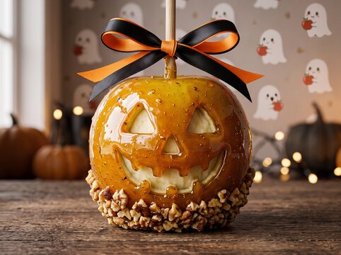 Macro Shot of Halloween Caramel Apple Carved as Jack O Lantern with Crushed Walnuts