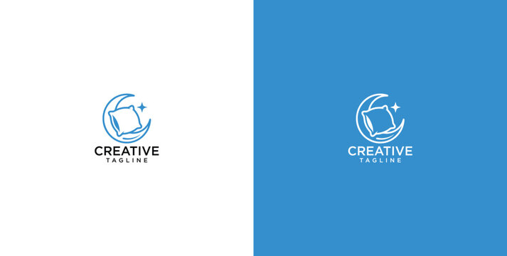 Minimalist pillow logo with crescent moon and star for bedding brand, sleep center or home textile identity on blue and white backgrounds
