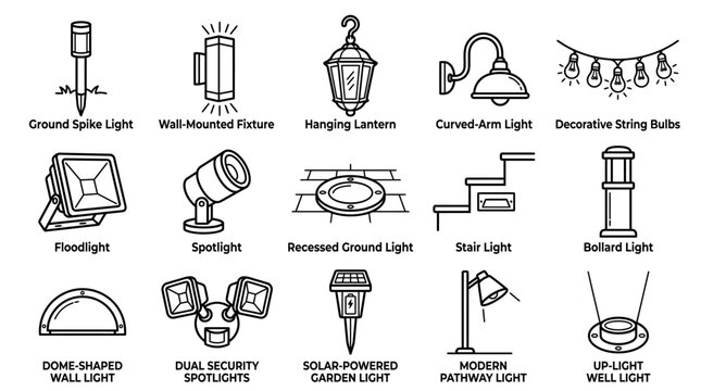 outdoor lighting, garden lights, wall sconce, lantern illustration, string lights, floodlight, spotlight, recessed light, step light, bollard light, solar light, garden lamp, pathway light, exterior l