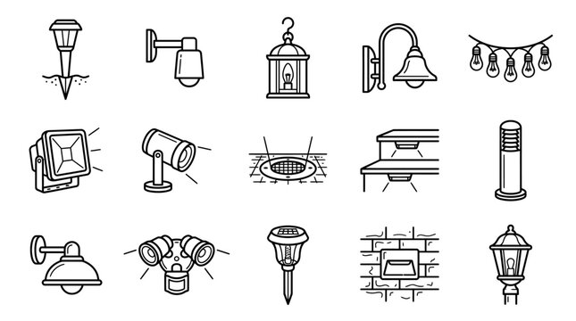 outdoor lighting, garden lights, wall sconce, lantern illustration, string lights, floodlight, spotlight, recessed light, step light, bollard light, solar light, garden lamp, pathway light, exterior l