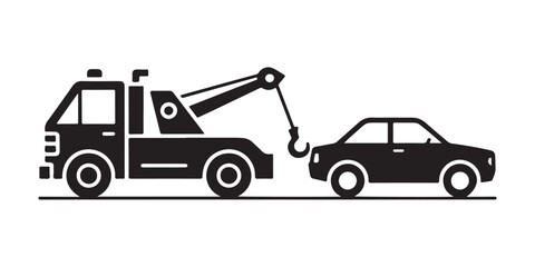 Naklejka premium Tow truck hooking up and pulling broken down car on transparent checkered background.