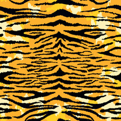 Obraz premium Tiger leather seamless pattern. Vector wild animal skin detailed flat texture, black stripes fur print on orange white background. Abstract jungle safari texture for fabric, decor, fashion, textile.
