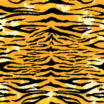 Tiger leather seamless pattern. Vector wild animal skin detailed flat texture, black stripes fur print on orange white background. Abstract jungle safari texture for fabric, decor, fashion, textile.