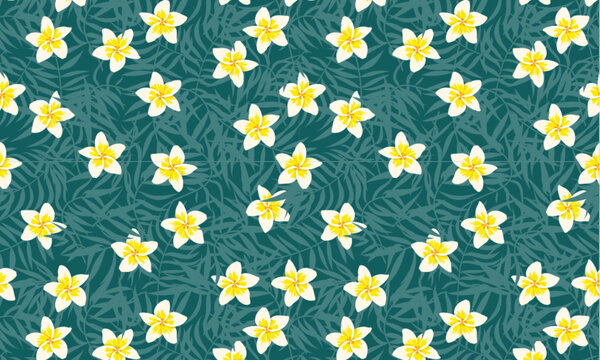 Palm leaves and Plumeria pattern background. Vector cute tropical Hawaiian flower print on dark green background. Summer flat texture for fabric, beach party decor, textile, fashion, backdrop, cover.