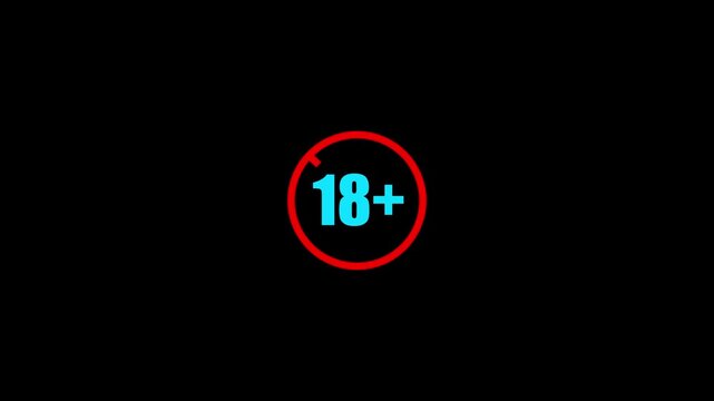 Red and black 18 plus age limit advisory sign animation ideal for censored video content, legal age verification screens, and restricted access media 4k video...