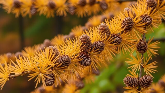 Close up of yellow larch branches with cones in autumn.