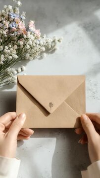 Person holds kraft paper envelope with delicate leaf stamp, creating sense anticipation, warmth. Soft natural light, blurred flowers in background evoke cozy, heartfelt atmosphere