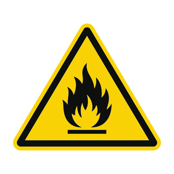 Warning sign features a black flame silhouette inside a yellow triangle to alert individuals about potential fire hazards.