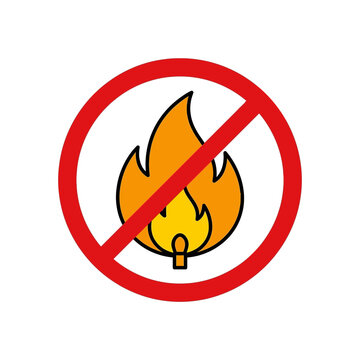 Prohibition sign displays a red circle with a slash over a flame to indicate that fire is strictly forbidden in this area.