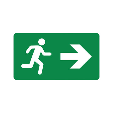 Emergency exit sign features a running person icon pointing to the right to guide building occupants.