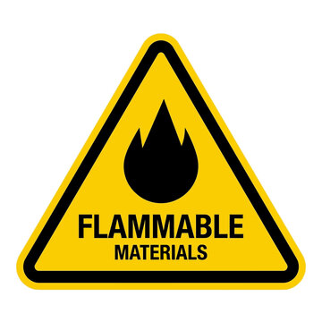 Flammable materials warning sign features a bold flame icon to alert personnel of hazardous substances.