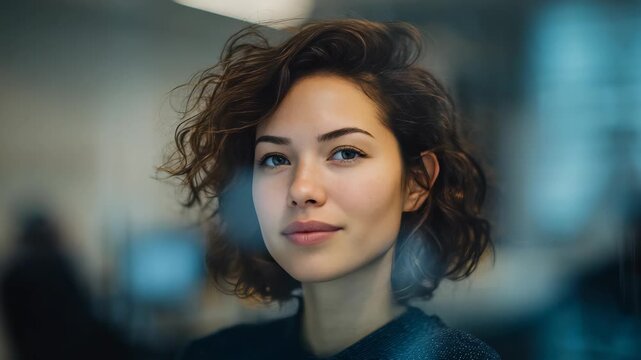 Confident young woman with short curly hair smiling softly in a modern office environment, captured through a glass window. Natural light highlights her fresh and professional appearance