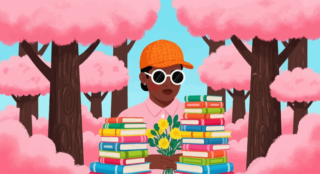 Vector illustration of a serene individual enjoying a moment of spring nature surrounded by tall stacks of colorful books and a fresh floral bouquet, symbolizing knowledge and growth
