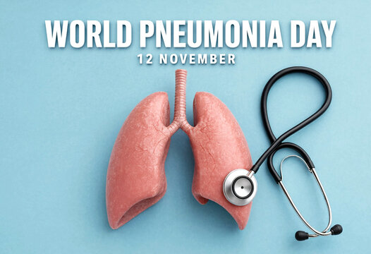 World pneumonia day awareness concept with lungs and stethoscope on blue background medical illustration