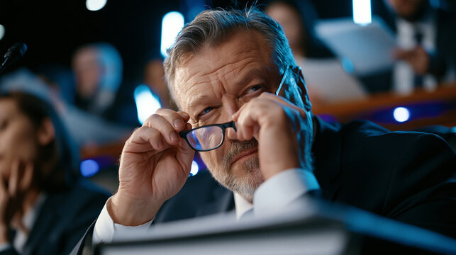 Elderly witness adjusting reading glasses before beginning prepared testimony at a congressional hearing table, a thick bound statement visible before him, legal counsel seated to his left while com