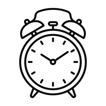 Black and white line drawing of an old fashioned alarm clock with two bells on top