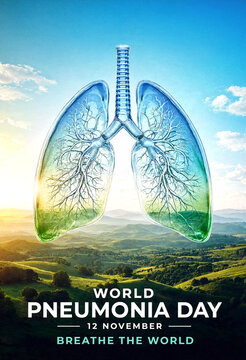 World pneumonia day awareness poster with lungs and beautiful landscape inside them for health campaign