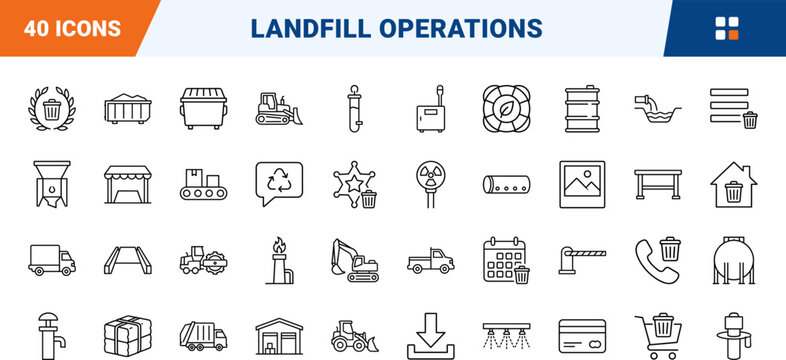 Landfill Operator Website line icon set. Vector pictograms of waste management, disposal site, recycling, and environmental elements, thin linear illustration.
