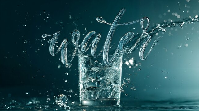 Creative word water formed by liquid splash out of glass on dark blue background