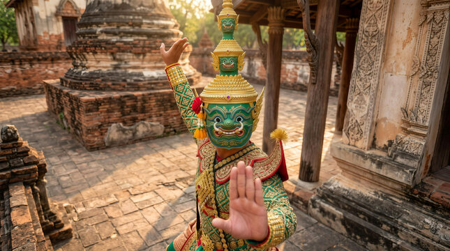 Thai classical Khon dance performer in giant mask and ornate costume posing at ancient temple ruin