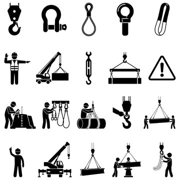Crane Rigging Lifting Hardware Rigger Signalman and Heavy Load Safety Vector Icon Set Isolated on White Background