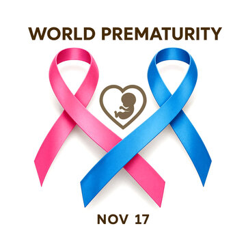 World prematurity awareness day illustration with pink and blue ribbons and heart icon