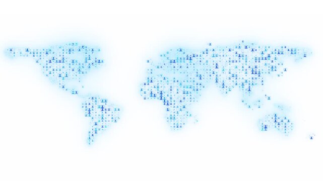 Global user connection map visual profile symbols across continents, pale blue glow, clean white interface. for social platforms, audience analytics, web community digital marketing, and motion