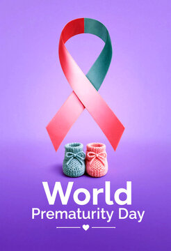 World prematurity day awareness concept with ribbon and baby booties on purple background