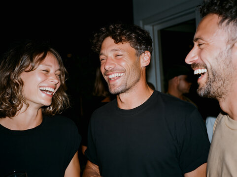 Three Happy Friends Laughing Together at Outdoor Night Event or Party