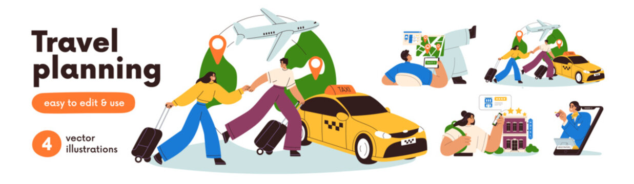 Travel planning, tourism set. People search route, taxi, book accommodation. Online registration in hotel via phone. Vacation trip services. Flat vector illustrations isolated on white background