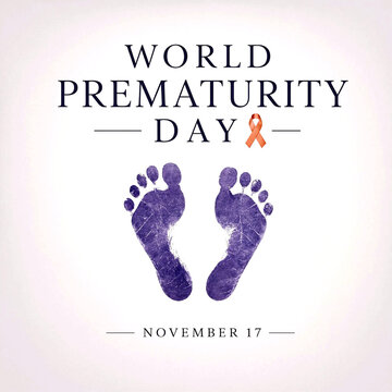 World prematurity day awareness poster with baby footprints and ribbon illustration design