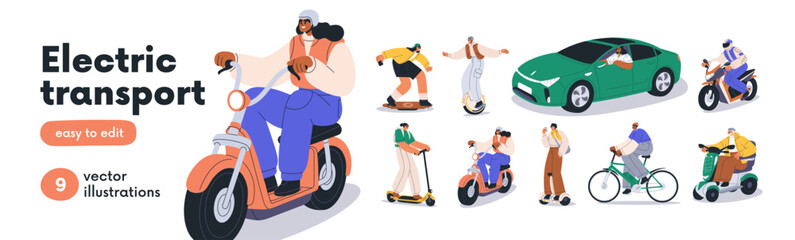 Obraz premium Electric transport, eco-friendly green vehicles set. People ride, drive car, scooter, bicycle, bike, hoverboard. Modern transportation. Flat graphic vector illustrations isolated on white background