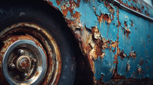 Old car with rust and peeling paint sits in abandoned area during daylight hours