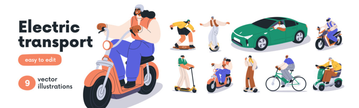 Electric transport, eco-friendly green vehicles set. People ride, drive car, scooter, bicycle, bike, hoverboard. Modern transportation. Flat graphic vector illustrations isolated on white background