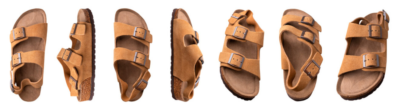 Fashion sandal collection isolated on white background, leather footwear with cork soles, straps and buckles shown in multiple views. Sandals suit mockups, catalogs, ecommerce and seasonal marketing.
