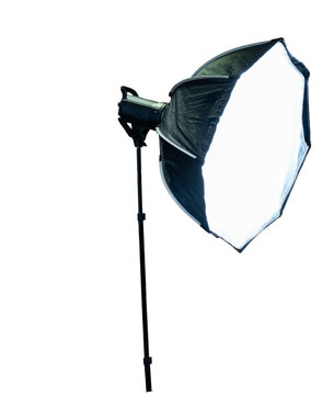 Generic continuous LED studio light with octabox softbox on stand isolated on white background