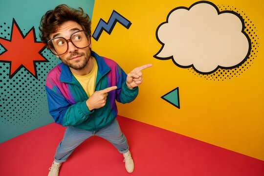 Funny Retro Young Man with Glasses Pointing at Blank Comic Speech Bubble Mockup Over Pop Art Background