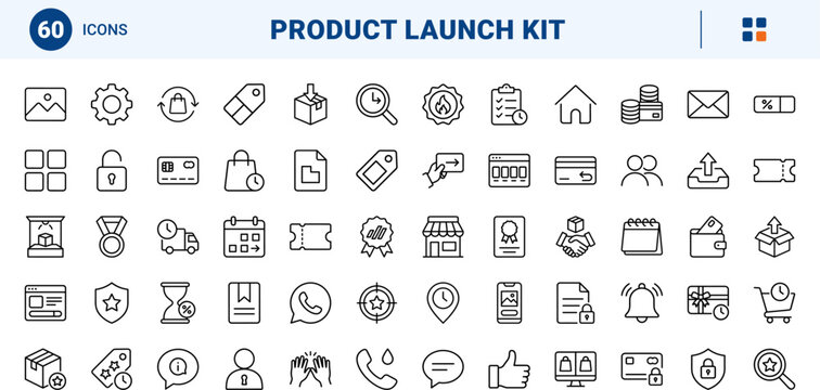 Preorder item line icon set. Vector pictograms of product, launch, ecommerce, and store elements, thin linear illustration.