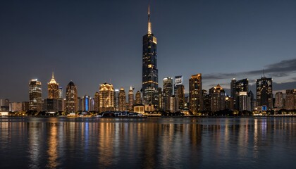 Naklejka premium Nanjing City Skyline and Yangtze River Reflection at Twilight