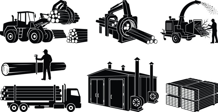 Forestry and timber processing silhouette vector set with heavy machinery, lumber yard, and logging operations.
