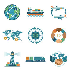 Obraz premium Logistics and global transport icons set vector illustration, shipping and trade symbols