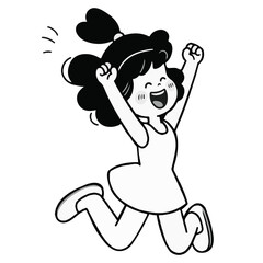 Cute happy little girl jumping with joy child line art vector illustration