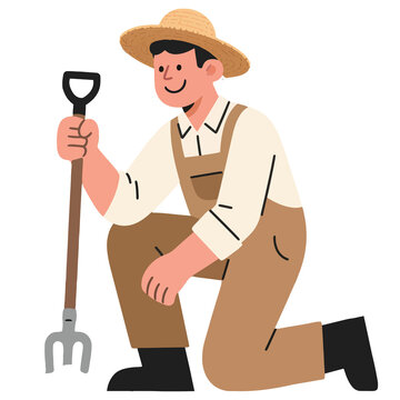 Male farmer in straw hat kneeling holding pitchfork garden fork vector illustration