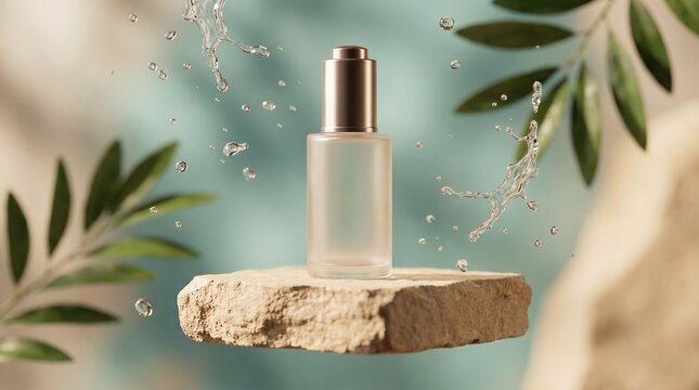 Cosmetic skincare serum bottle on natural stone podium with water splashes and green leaves