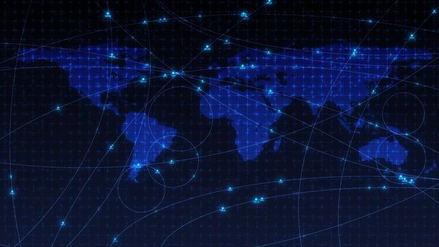 Global digital connection map glowing blue continents, network nodes, grid texture, tracking style lines. data transfer worldwide systems, location, finance screens, software demos, cyber overlays.
