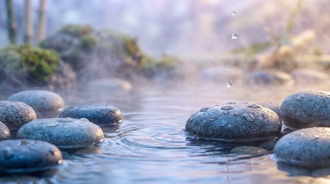 Zen stones in a misty hot spring pool with water ripples