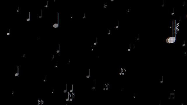 Floating musical notes overlay black empty space, soft white note symbols, smooth falling motion. audio branding, song titles, lyric videos, studio content, concert announcements, creative media